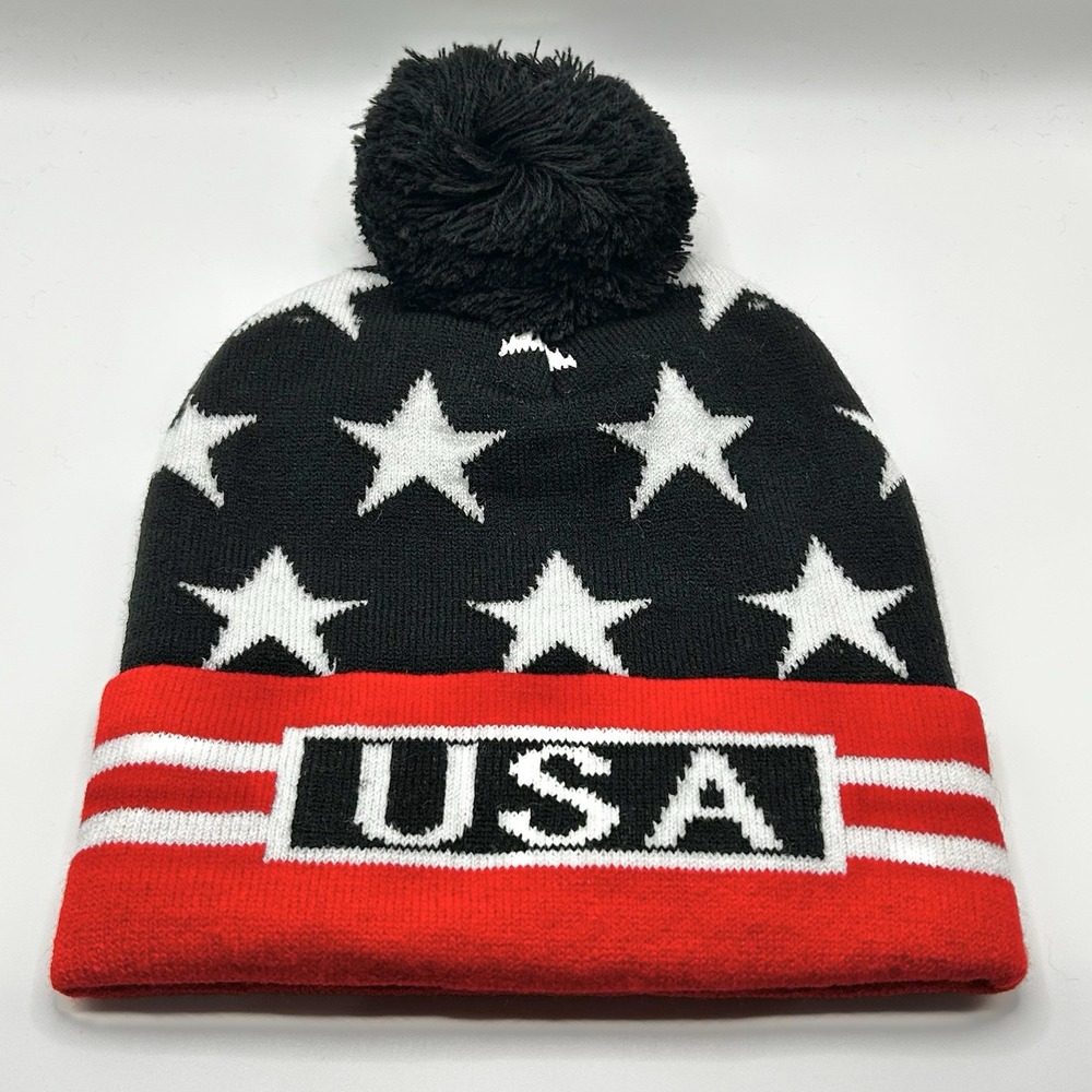 USA United States of America Stars Stripes Beanie Hat Cap Pom Cuff Knit Blue